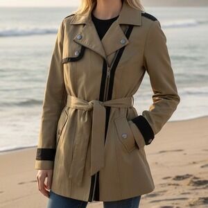 Sam Edelman Womens Khaki Trench Coat Green Size M Utility Edgy Classic Outerwear